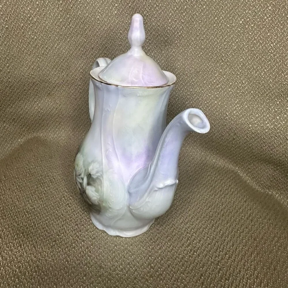 Vintage Bernadotte Porcelain Coffee Tea Pot Czech Republic Purple Roses 7.5”